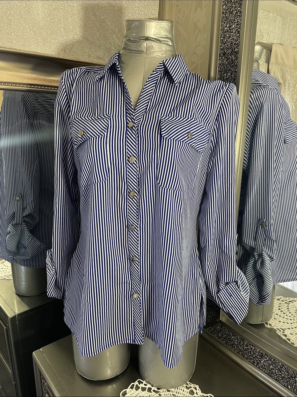 Notations Navy and White Striped Button-Front Camisole Top